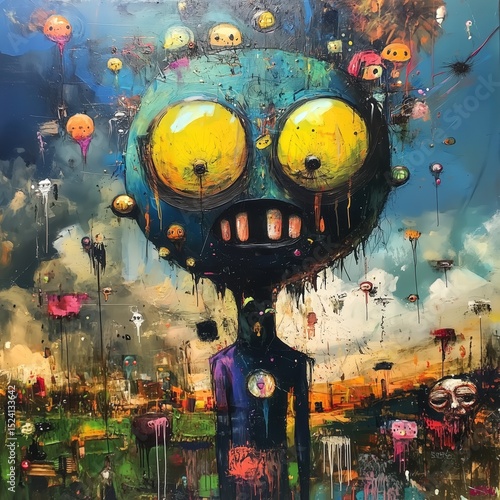 Surreal Creature in a Vibrant, Textured Dreamscape: Abstract Canvas Art for Psychedelic, Fantasy, or Horror Designs