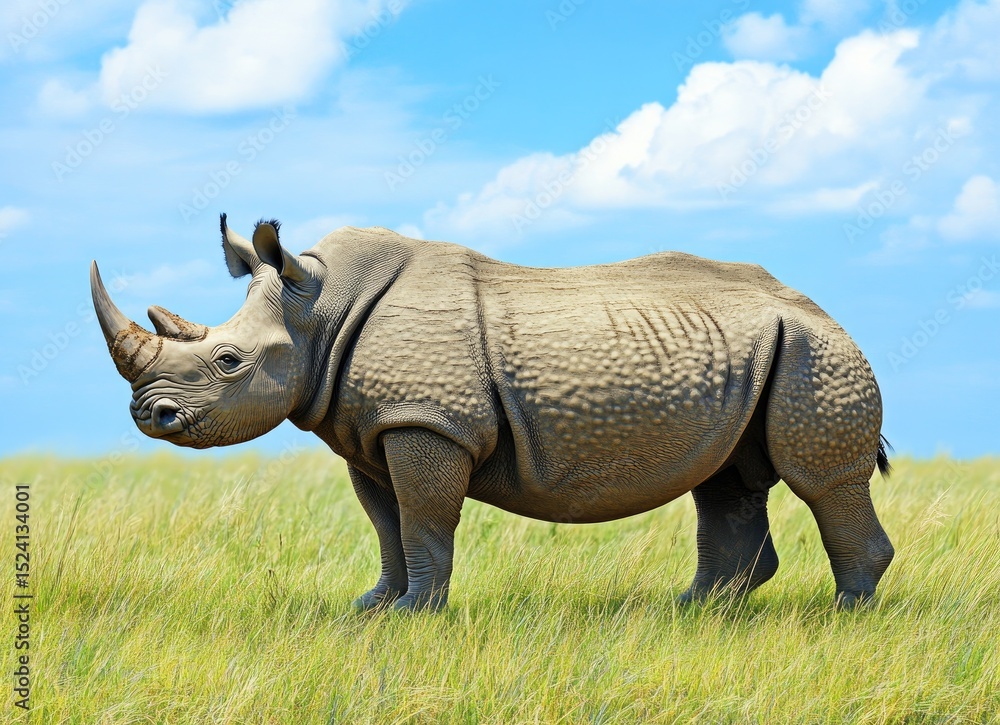 Fototapeta premium A large rhinoceros stands in tall grass under a bright blue sky.