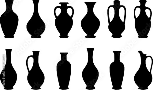 Pottery ceramic vase silhouette shapes collection vector illustration isolated on white background.
