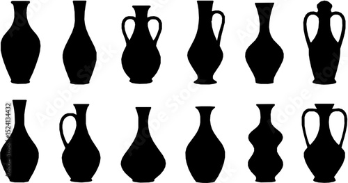 Pottery ceramic vase silhouette shapes collection vector illustration isolated on white background.
