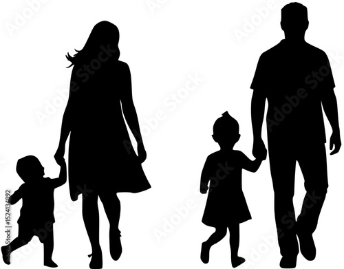 Family Silhouette: Parents and Children Holding Hands Walking