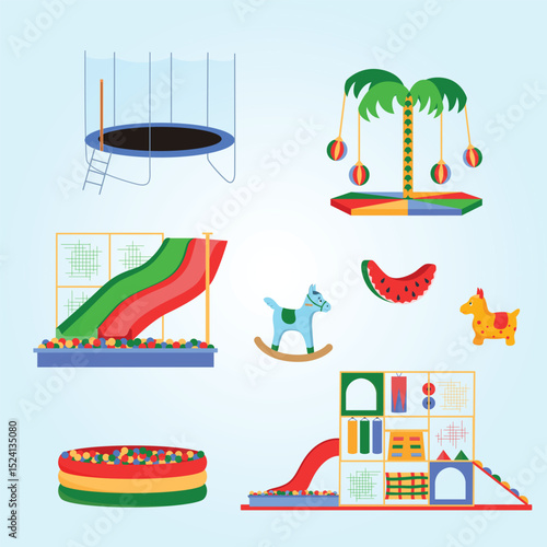 Mall children playroom flat color set of pool with plastic balls trampoline carousels isolated elements vector illustration