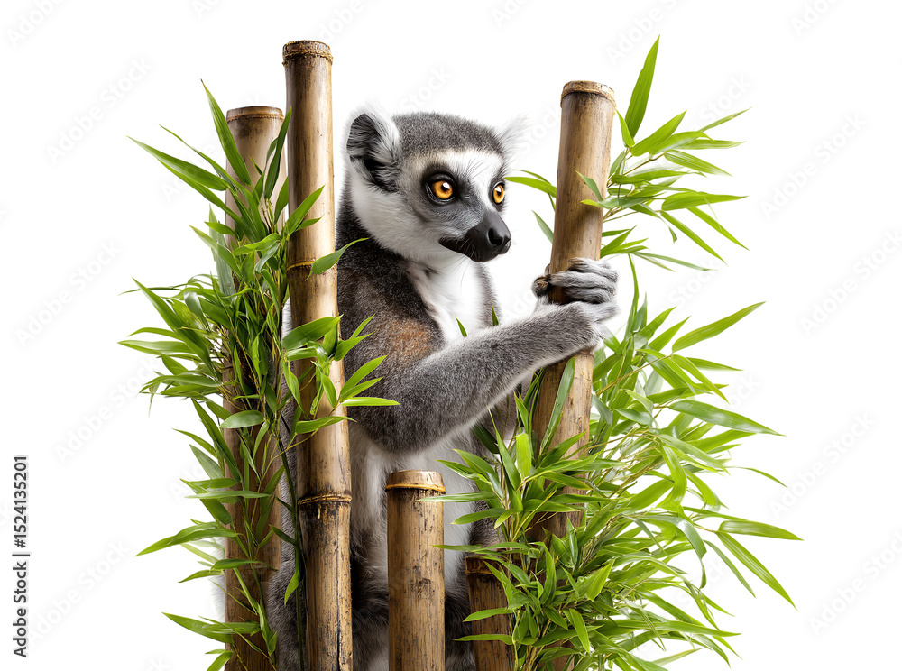 Obraz premium lemur climbing on bamboo against a transparent background