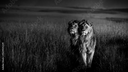 Two male lions stand together in tall grass under dramatic black and white skies.