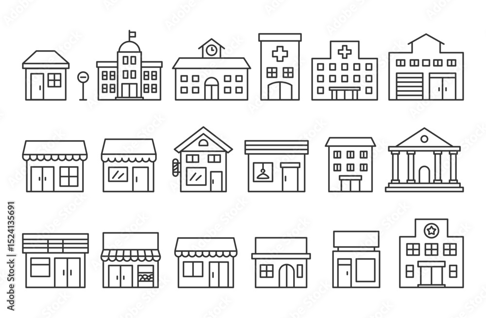 Fototapeta premium Cityscape Line Illustration Set – Urban Building Outlines