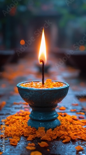 Glowing Flame in Ornamental Bowl Surrounded by Scattered Flower Petals