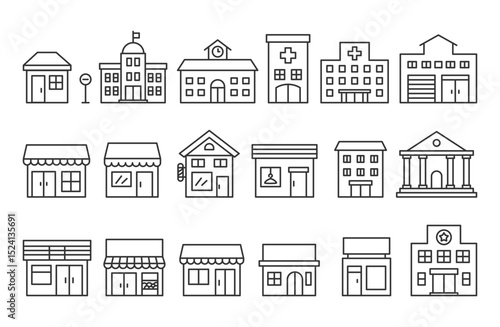 Cityscape Line Illustration Set – Urban Building Outlines