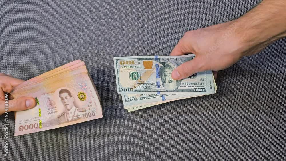 Hands exchanging US dollar and Thai baht banknotes. Currency exchange, money transfer, and international finance concept