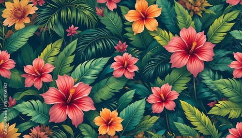 Colorful seamless floral pattern with tropical flowers and leaves, ideal for textile, wallpaper, packaging, and surface design.