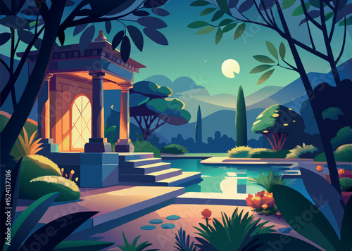 Magical moonlit garden with ancient pavilion and tranquil reflecting pool at night.