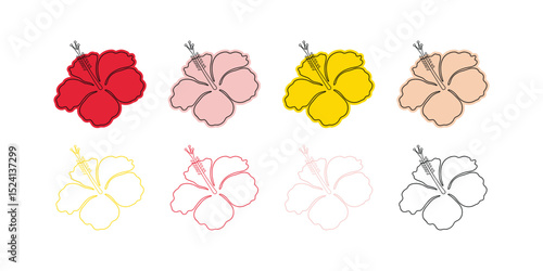 Hibiscus Flower Vector Outline Set Colorful Line Art Illustrations