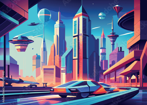 Futuristic cityscape with flying cars and sleek vehicles on a vibrant neon lit street.