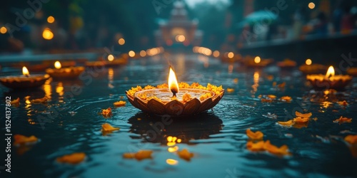 Diwali Oil Lamps Floating on Water with Flower Petals