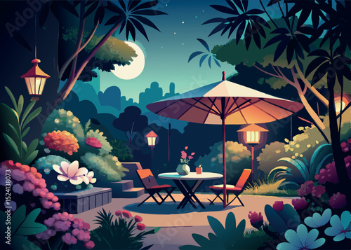 Peaceful evening scene of a garden patio with table umbrella and decorative flowers