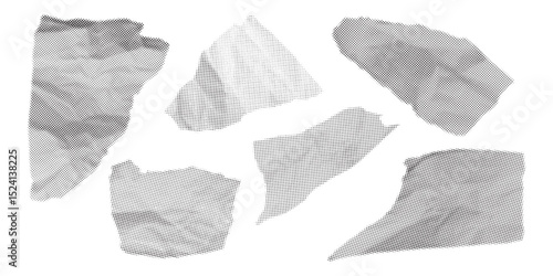 Vector illustration of halftone paper scraps. Retro comic effects with a featuring dots. Abstract sheets for design and scrapbooking. Crumpled paper with torn edges. Set of illustrations.