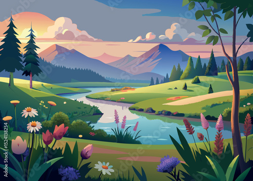 Serene landscape illustration depicting a tranquil river flowing through a mountainous valley at sunset