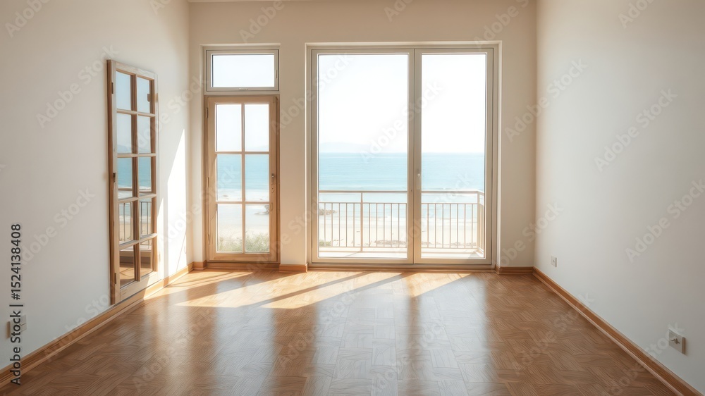 Fototapeta premium Bright sunlight fills an empty room with a view of the calming blue ocean and beautiful sandy shore