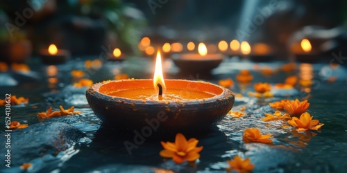 Burning Candles in Water Surrounded by Flowers for a Celebration