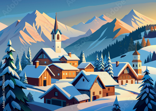 Charming alpine village nestled in snow covered mountains during a golden sunset.