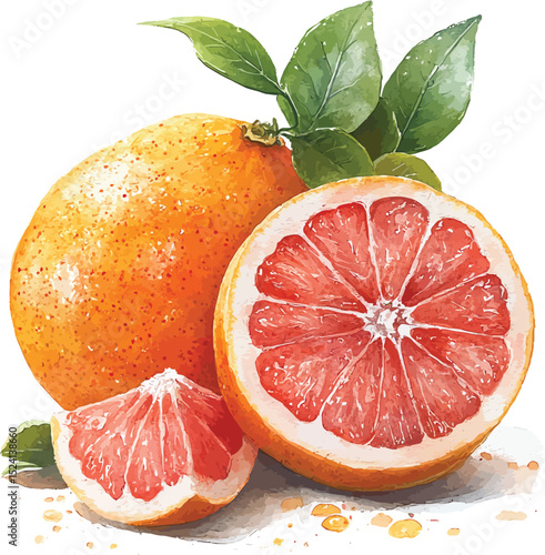 Fresh grapefruit with leaves, a healthy citrus fruit isolated on white