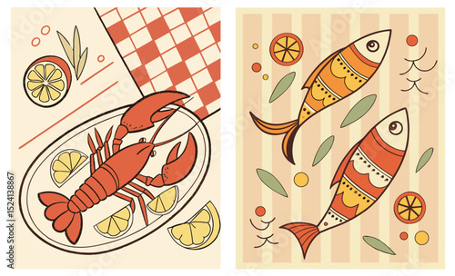 Set of naive vector illustrations with lobster and fish, dedicated to Mediterranean seafood cuisine
