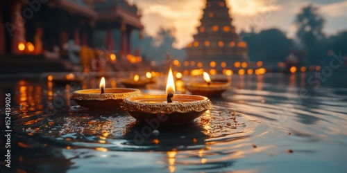 Golden Oil Lamps with Flames Floating on Water Surface during Dusk at Temple