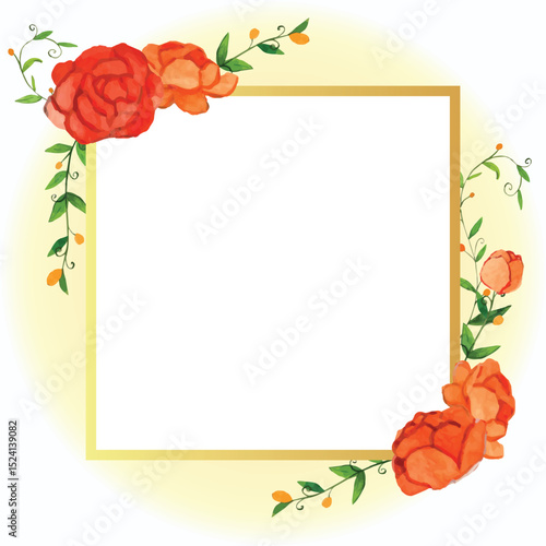 Orange colorful flowers bouquet over golden frame card template. Summer vivid floral arrangements for invitation, wedding ceremony or anniversary. Watercolor hand drawn textured flowers, gold square