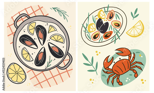 Set of naive style vector illustrations featuring seafood dishes and crab focused on cooking and cafe culture