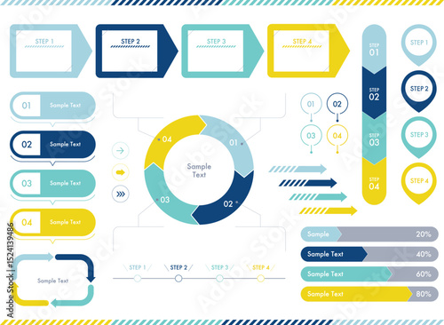 simple retro modern info graphic, flat geometric shapes, clean minimalist design, graph bar chart, circular pie chart, speech bubble boxes, simple icons, gradient colors, navy blue yellow teal, digita