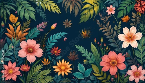 Colorful seamless floral pattern with tropical flowers and leaves, ideal for textile, wallpaper, packaging, and surface design.