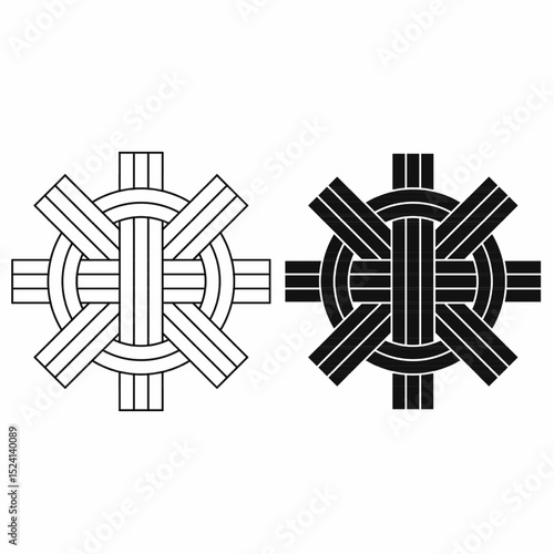 Traditional woven pattern vector – outline and solid. Interlaced rattan or bamboo texture design for batik, logo, craft, furniture, or textile elements.
