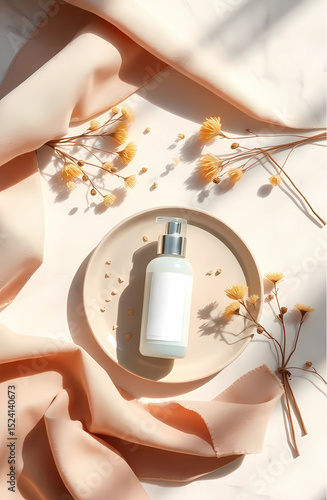 Minimalist organic skincare scene with stylish cosmetic containers on a natural stone base, surrounded by soft linen, dried botanicals, and warm daylight in earthy neutral tones.