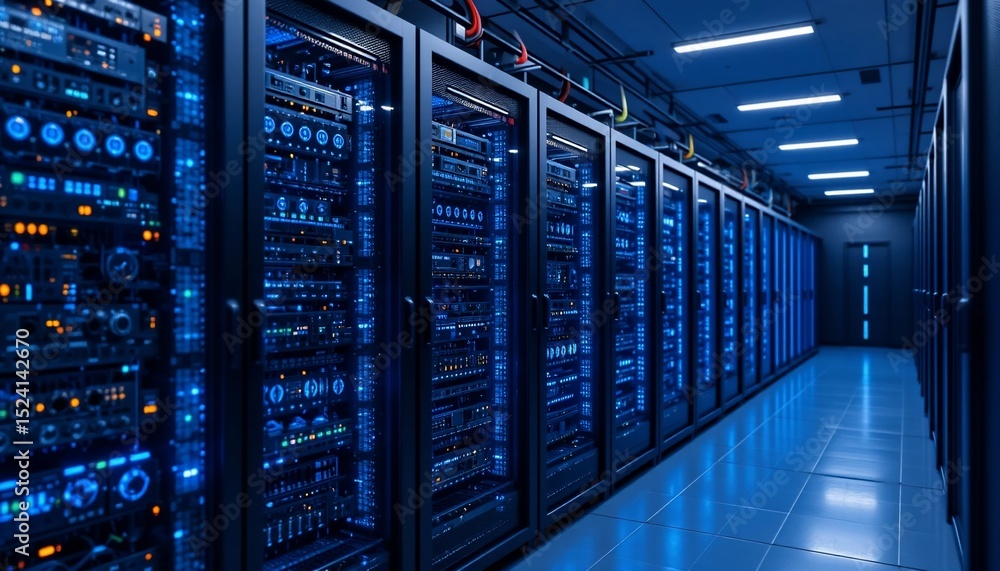 Modern Data Center Server Room Rows of Illuminated Network Servers in a High Tech Facility Modern Data Center Server Room Rows of Illuminated Network Servers in a High Tech Facility