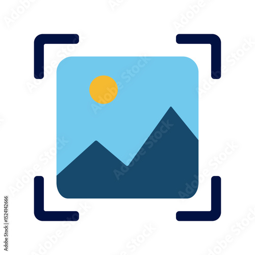 Flat design icon of a landscape image with a sun and mountains, surrounded by crop marks for trimming or resizing