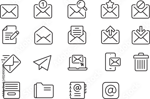 Thin line icon set of mail email e-mail communication sending receiving message. Symbol collection. Pixel perfect icons, editable stroke.
