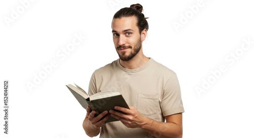 Bearded Man with Bun Reading Book Smiling Looking Directly at Camera