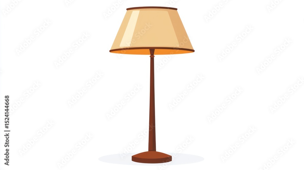 A tall, slender floor lamp with a wide, light beige, bell-shaped shade and a dark brown, cylindrical base sits on a small, light-colored circular base against a white background A tall, slender floor lamp with a wide, light beige, bell-shaped shade and a dark brown, cylindrical base sits on a small, light-colored circular base against a white background