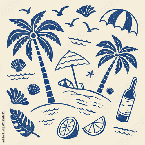 Italian greek style vacation hand drawn vector illustrations in grunge scribble rough doodle sketch style elements. Wave, surf, palm tree vacation in chalk charcoal style. Drawings for poster, placard