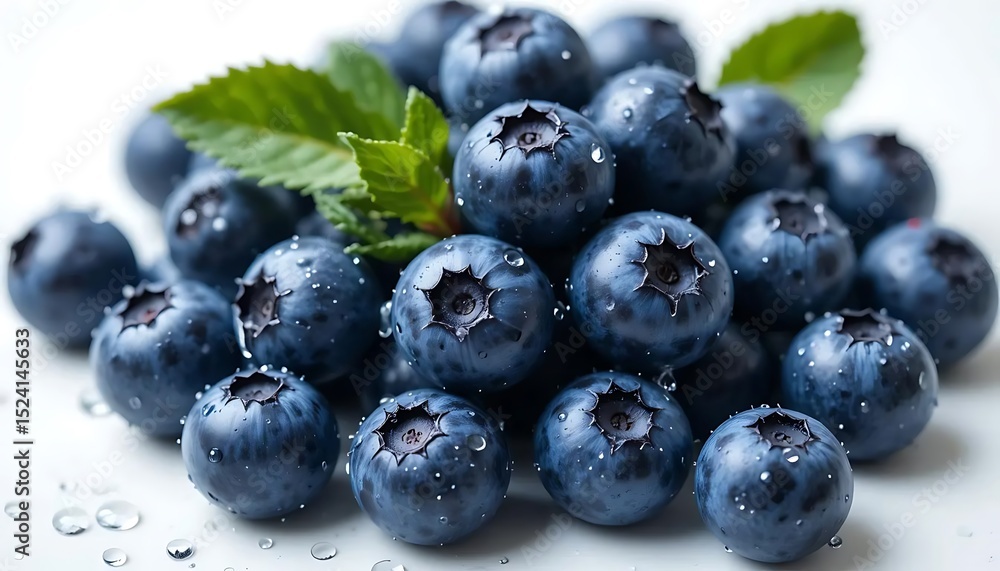 Fototapeta premium Close-up image of fresh ripe blueberries with green leaves on white background. Perfect for food design, healthy lifestyle, and organic product concepts.