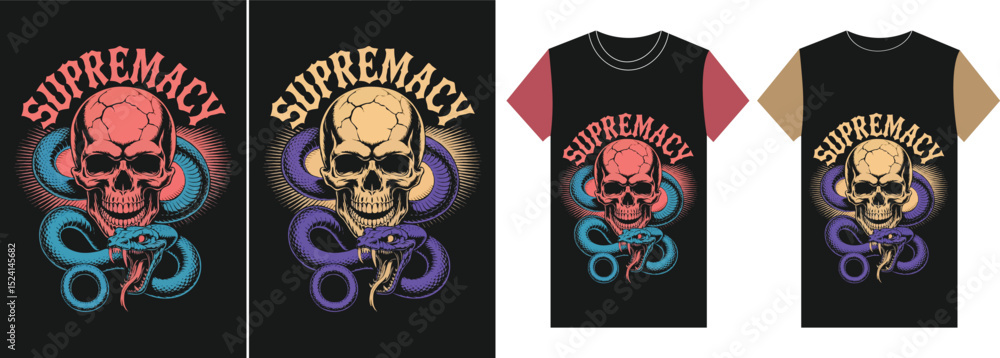 Obraz premium Dark Supremacy Design: A striking graphic featuring a skull entwined by a snake, symbolizing power and dominance, printed on apparel, reflecting the core concept in various applications.