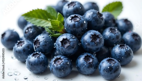 Wallpaper Mural Close-up image of fresh ripe blueberries with green leaves on white background. Perfect for food design, healthy lifestyle, and organic product concepts. Torontodigital.ca