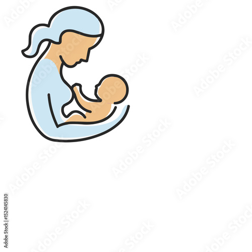 A simple, line-drawn illustration of a mother gently cradling and breastfeeding her baby.