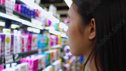 Asian woman browsing beauty products in a cosmetics store, thoughtfully examining items on the shelf. A modern and stylish setting reflecting self-care, skincare, and contemporary shopping culture.