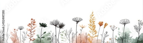 Watercolor wildflowers and herbs creating a serene botanical background