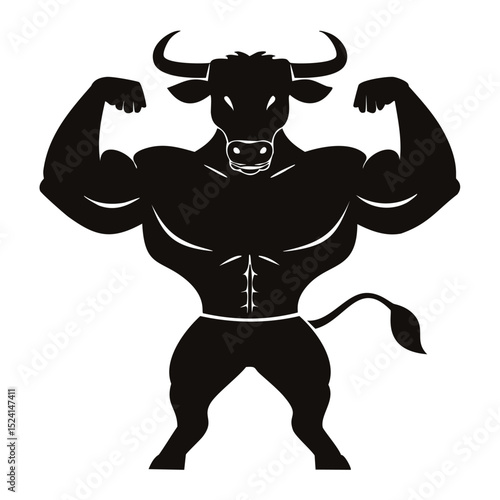 Muscular bull flexing biceps strong animal silhouette