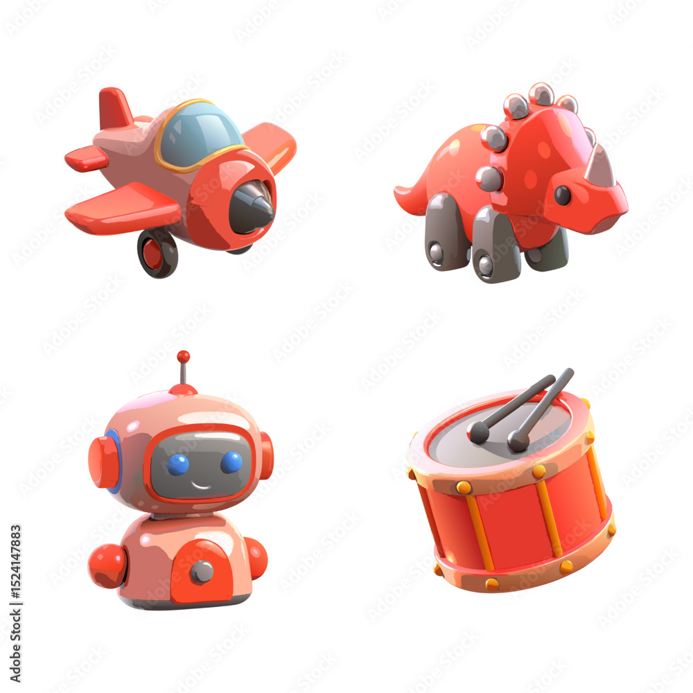 Fototapeta premium Set of toys. Kids' toys icon set. Plane, dinosaur, robot and drums for children to play. Bright and interesting objects for kids. Vector