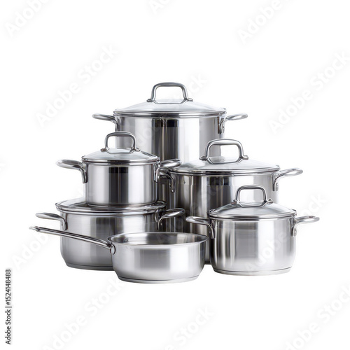 Stainless Steel Cookware Set Displayed on White Background Including Various Pots and Lids Perfect for Kitchen and Cooking Photography