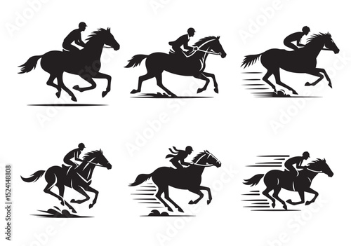 A man riding a horse with high speed running Silhouette Vector Set