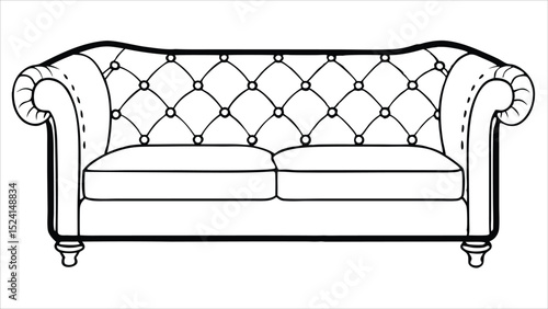 Line art drawing of a chesterfield sofa isolated on a white background