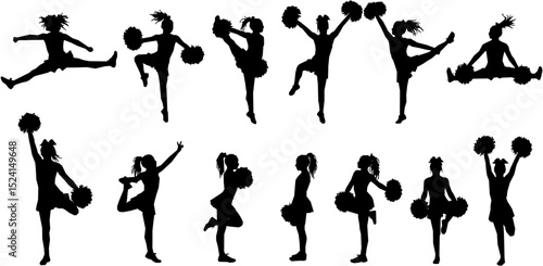 Vector silhouettes of young girls cheerleaders.
